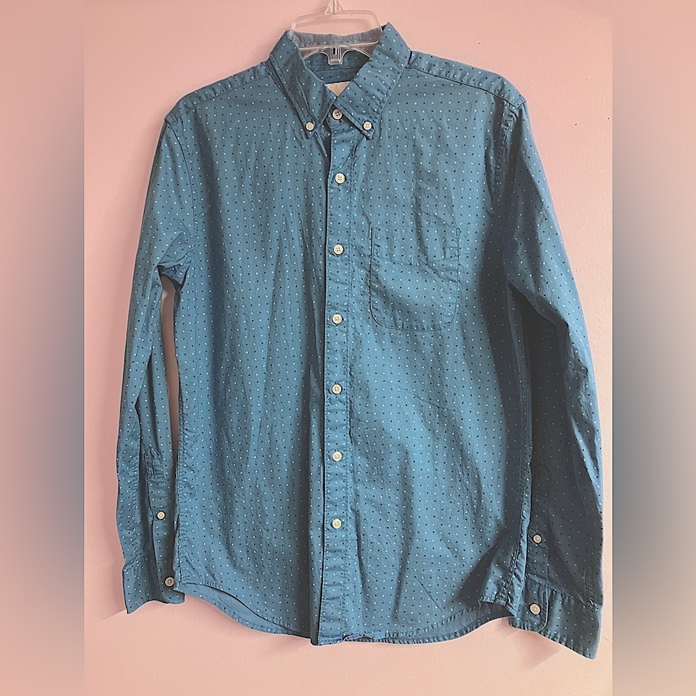 Men’s Long Sleeve Dress Shirt, Small, Blue Print, Button Front, American Eagle